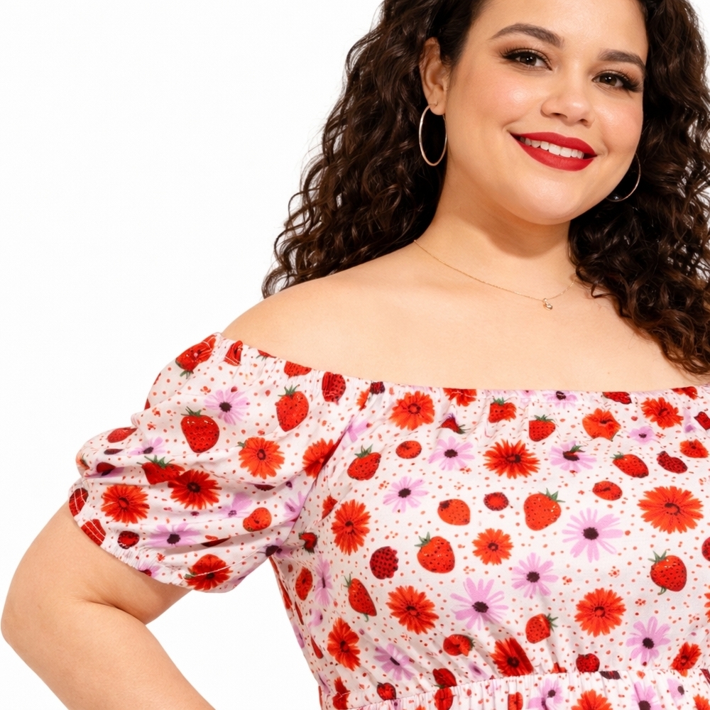 Torrid Retro Chic 1X Floral Pink Gauze Puff Sleeve Off Shoulder Midi Dress Pocke - Picture 4 of 16